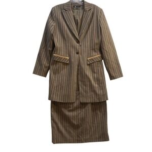 Larry Levine Suits Brown Pinstripe Skirt Suit Set 12 Blazer Pencil Skirt Vintage